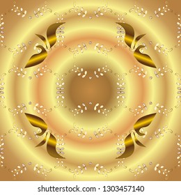 Vector golden floral ornament brocade textile and glass pattern. Seamless golden pattern. Gold metal with floral pattern. Beige and yellow colors with golden elements.