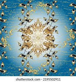 Vector golden floral ornament brocade textile and glass pattern. Seamless golden pattern. Gold metal with floral pattern. Neutral, gray and blue colors with golden elements.