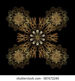 Vector golden floral ornament brocade textile pattern, white doodles. Golden pattern. Black background with golden elements. Metal with floral pattern.