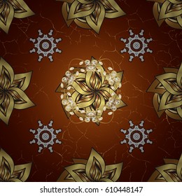Vector golden floral ornament brocade textile and glass pattern. Gold metal with floral pattern. Golden pattern. Red background with golden elements.