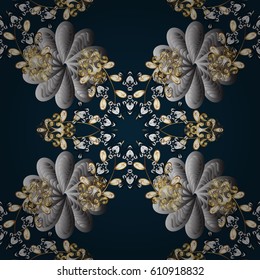 Vector golden floral ornament brocade textile pattern, white doodles. Blue background with golden elements. Metal with floral pattern. Seamless golden pattern.