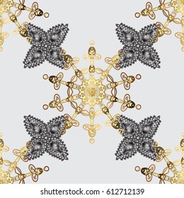 Vector golden floral ornament brocade textile pattern, white doodles. Seamless golden pattern. Gray background with golden elements. Metal with floral pattern.