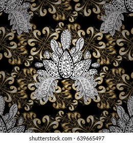 Vector golden floral ornament brocade textile pattern, white doodles. Seamless golden pattern. Black background with golden elements. Metal with floral pattern.