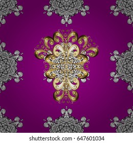 Vector golden floral ornament brocade textile pattern, white doodles. Metal with floral pattern. Seamless golden pattern. Magenta background with golden elements.