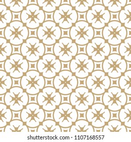 Vector golden floral seamless pattern. Luxury geometric background with grid, lattice, flower shapes, crosses, stars, repeat tiles. Simple abstract oriental texture. White and gold ornament design
