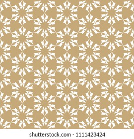 Vector golden floral seamless pattern. Luxury geometric background with flower shapes, stars, snowflakes, repeat tiles. Abstract oriental texture. White and gold holiday ornament. Expensive design