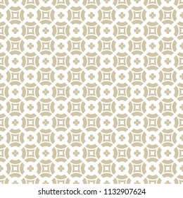 Vector golden floral seamless pattern. Subtle geometric background with small flowers, circles, squares, repeat tiles. Simple abstract ornamental texture. White and gold ornament. Design for decor