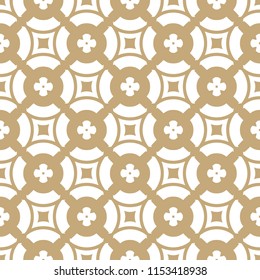 Vector golden floral seamless pattern. Luxury geometric background with flower silhouettes, circles, grid, lattice, repeat tiles. Simple abstract ornamental texture. White and gold ornament design