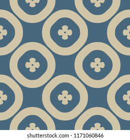 Vector golden floral seamless pattern. Blue and gold ornament. Luxury geometric background with big flower shapes, circles, repeat tiles. Simple elegant abstract texture. Design for decor, wallpapers