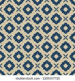 Vector golden floral seamless pattern. Navy blue and gold luxury ornament. Geometric background with small flower shapes, crosses, repeat tiles. Elegant abstract texture. Design for decor, wallpapers