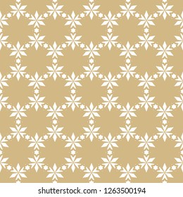 Vector golden floral seamless pattern. Elegant Christmas background. Luxury geometric texture with small flowers, stars, leaves, triangles. Winter holiday ornament. Gold festive design for decor