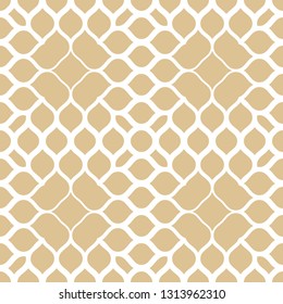 Vector golden floral seamless pattern. Abstract halftone texture with flower shapes, petals, leaves, mesh. Elegant gold and white geometric minimal background. Subtle repeat design for decor, textile