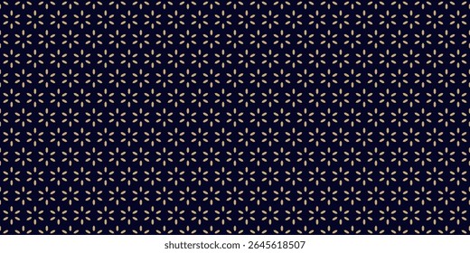 Patrón transparente floral dorado de Vector. Abstractas adorno geométrico mínimo con Pequeñas flores en estilo oriental, diamantes, estrellas. Fondo minimalista negro y oro de lujo. Sutil diseño repetitivo