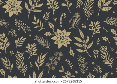 Vektor goldenes florales nahtloses Muster mit Fichte, Kiefernzweigen, Blättern, Beeren und Zweigen auf schwarzem Hintergrund. Perfekt für Weihnachtspapier, Stoff- und Geschenkentwürfe