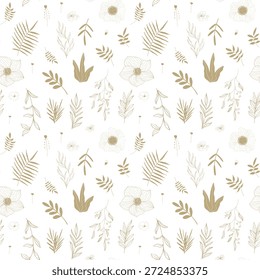 Vektor goldenes florales nahtloses Muster mit Zweigen, Blättern, Beeren und Zweigen auf weißem Hintergrund. Die leichte, natürliche und elegante, perfekt für Textildesign, Verpackung, Druck und andere