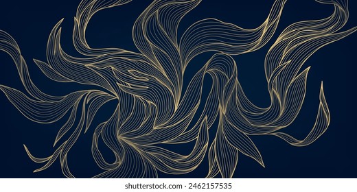 Vector golden flower background, luxury abstract line leaves composition. Art deco floral ornament, elegant summer print. Foliage drawing, vintage illustration 