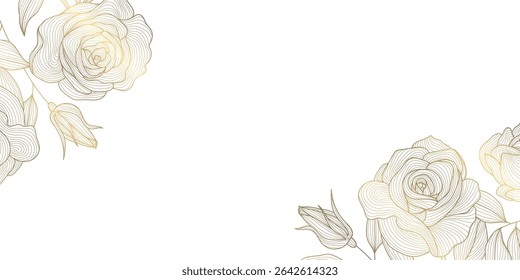 Vector golden flower roses frame, line luxury wedding ornament, corner decoration, elegant template. Blooming pretty flourish invitation, rich vintage background