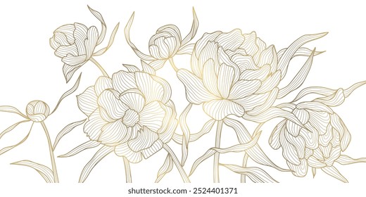 Vector golden flowers line background, gold peonies wallpaper. Vintage nature ornament, bloom luxury wedding graphic, botanical japanese pattern