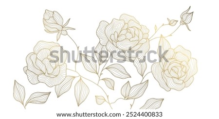 Vector golden flowers line background, gold roses wallpaper. Vintage nature ornament, bloom luxury wedding graphic, botanical japanese pattern