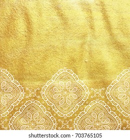 Vector golden foil background template for cards, hand drawn backdrop for invitations and posters, with ornate border white lace and copy space.