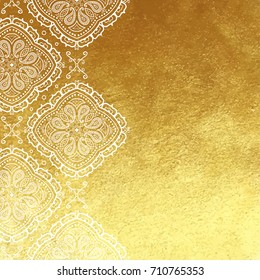 Vector golden foil background template for cards, hand drawn backdrop for invitations and posters, with ornate border white lace and copy space.