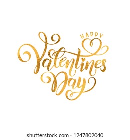 Vector golden foil effect handwritten lettering Happy Valentines Day. Calligraphy Isolated gold glitter text Happy Valentine's Day, heart. Romantic Inscription for Valentine's love day greeting card