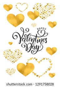 Vector golden foil effect handwritten lettering Happy Valentines Day. Calligraphy gold glitter text Happy Valentine's Day, hearts pattern. Romantic Inscription for Valentine's love day greeting card