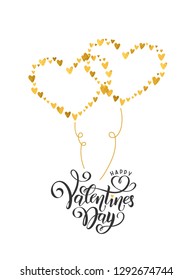 Vector golden foil effect handwritten lettering Happy Valentines Day. Gold glitter hearts shapes as balloon for name text. Romantic Inscription for Valentine's love day greeting card