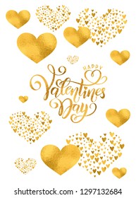 Vector golden foil effect handwritten lettering Happy Valentines Day. Calligraphy gold glitter text Happy Valentine's Day, hearts pattern. Romantic Inscription for Valentine's love day greeting card