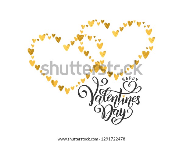 ベクター画像の金箔エフェクト手書きの文字 ハッピーバレンタインデー 金色の輝きのハートは 名前のテキスト用のバルーンとして形成されます バレンタインの恋の日のグリーティングカードのロマンチックな碑文 のベクター画像素材 ロイヤリティフリー