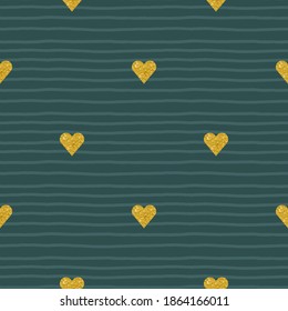 Vector golden foil seamless pattern on tidewater green background with hand drawn lines. Trendy glitter hearts for Valentine day holiday.