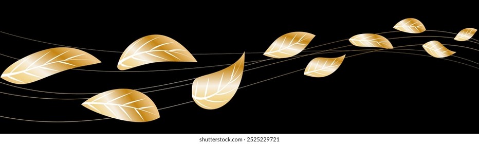 Vector golden foliage. Luxurious autumn leaves on black background, wind movement leaf tree VIP design.