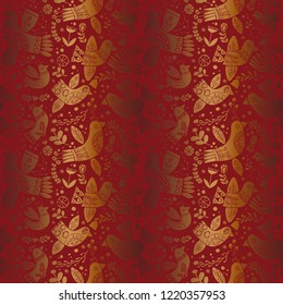 Vector golden folk birds seamless pattern on deep red background. Ideal for fabric, textiles, print on demand, stationery. Use on Holidays like Christmas and Valentine's day.