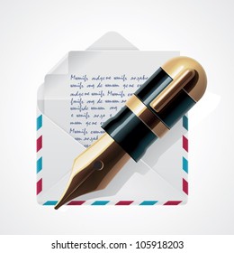 Vector golden fountain pen on mail envelope with letter icon