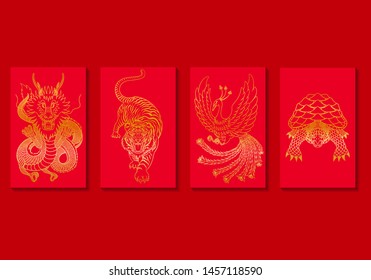 vector golden four china mythical creature on red background collection for brochure banner and publication