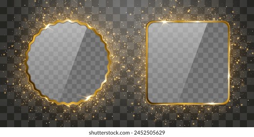 Marco dorado de Vector alrededor de partículas de brillo. Marco dorado con explosión de confeti. Efecto de partículas de oro brillante aislado en el fondo png. Partículas de polvo de estrella sobre fondo transparente