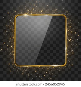 Vector golden frame around glitter particles. Golden frame with explosion of confetti. Glitter gold particles effect isolated on png background. Stardust particles on transparent background