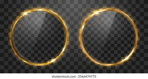 Vector golden frame around glitter particles. Golden frame and glitter gold particles effect isolated on png background. Stardust particles on transparent background