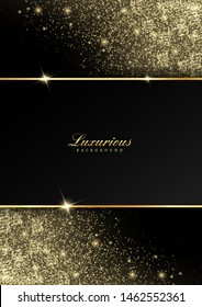 vector golden frame with confetti glitter and shiny sparkle effect. black background for new year black friday Christmas banner, cover, greeting card and decoration celebration.