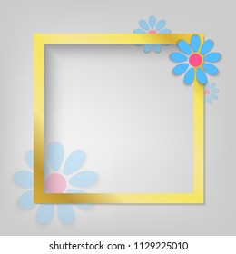 Vector golden frame with elegant blue flowers. Realistic gold shine. Template illustration. Place for your text or image.  Pink colors. Empty greeting card or postcard. Modern minimalistic style