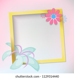 Vector golden frame with elegant blue and pink tropical flowers. Realistic gold shine. Template illustration. Place for your text or image.   Empty greeting card or postcard. Modern minimalistic style