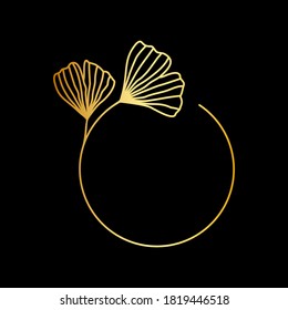 Vector golden frame with Ginkgo Biloba leaves in trendy linear style isolated on black background. Emblem, badge, icon or logo template for cosmetics, organic products