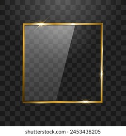 Vector golden frame with glass effect. Vector transparent glass with glitter gold frame isolated on png background