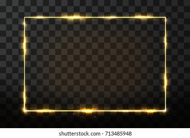 Vector Golden Frame With Glow Effect. Neon Rectangle Frame And Glitter Effect On Transparent Background