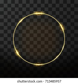 Vector golden frame with glow effect. Neon circle frame, golden ring and glitter effect on transparent background. Vector