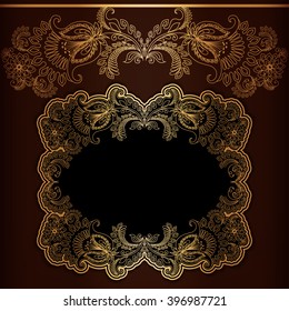 Vector golden frame with hand-drawing filigree pattern on dark background for design
