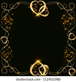 Vector golden frame with hearts effects of light. Preparation for postcard Christmas wedding Shining rectangle. on a black background. Vector illustration, EPS 10.