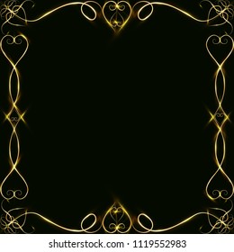 Vector golden frame with hearts effects of light. Preparation for postcard Christmas wedding Shining rectangle. on a black background. Vector illustration, EPS 10.