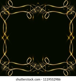 Vector golden frame with hearts effects of light. Preparation for postcard Christmas wedding Shining rectangle. on a black background. Vector illustration, EPS 10.