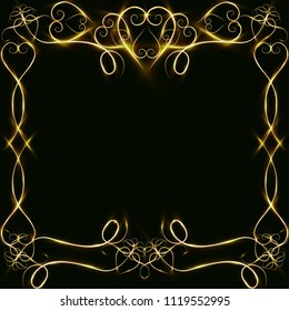 Vector golden frame with hearts effects of light. Preparation for postcard Christmas wedding Shining rectangle. on a black background. Vector illustration, EPS 10.